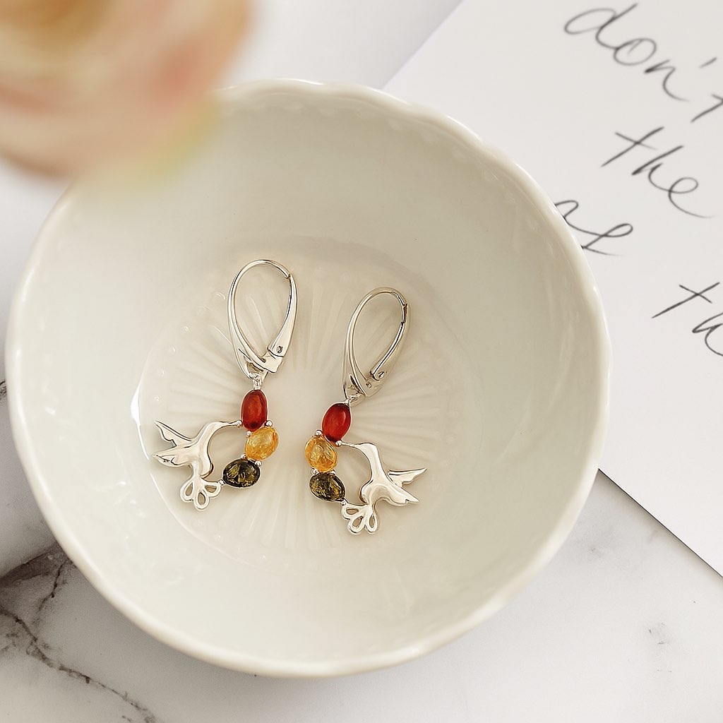 Jantárové náušnice Kolibrík viacfarebné