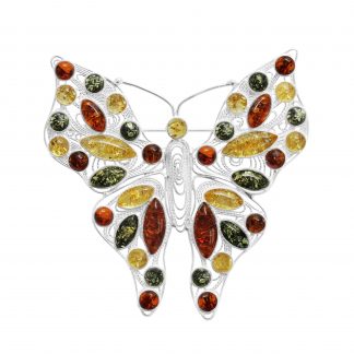 Jantárová brošňa v striebre veľký motýľ zdobená baltickým jantárom
