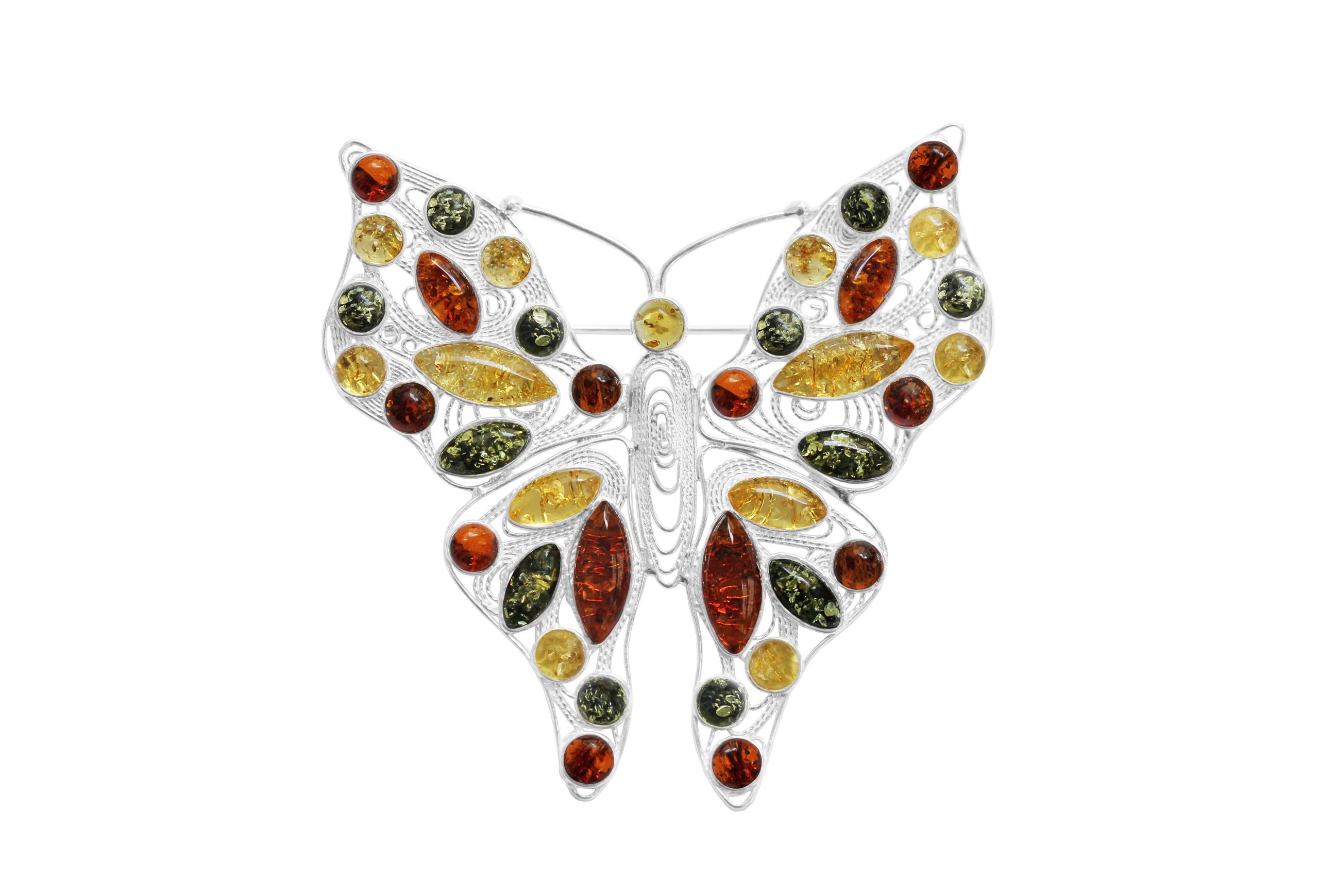 Jantárová brošňa v striebre veľký motýľ zdobená baltickým jantárom