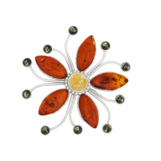 Jantárová brošňa Ornamentálny kvet viacfarebná