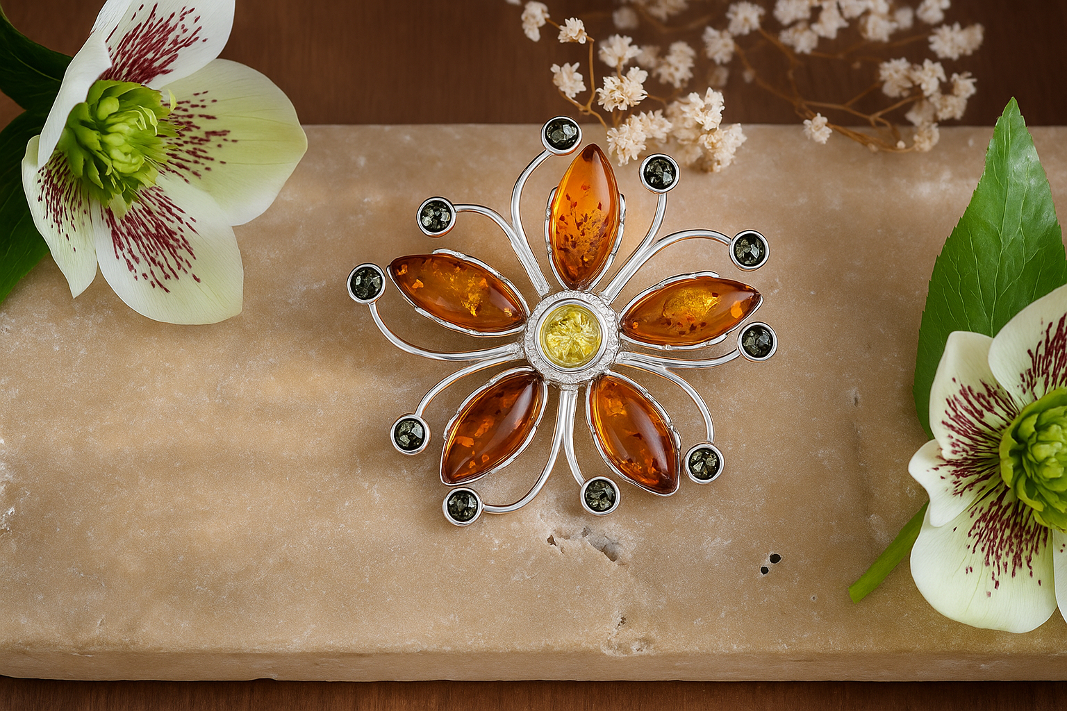 Jantárová brošňa Ornamentálny kvet viacfarebná