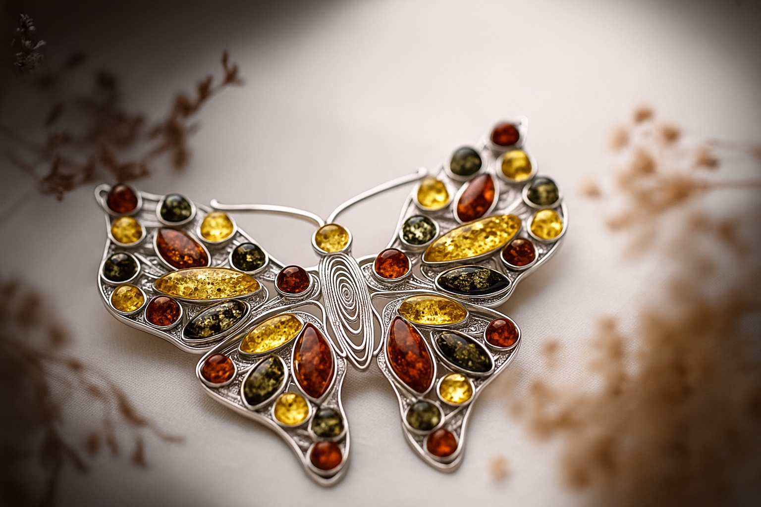 Jantárová brošňa Veľkolepý motýľ viacfarebná