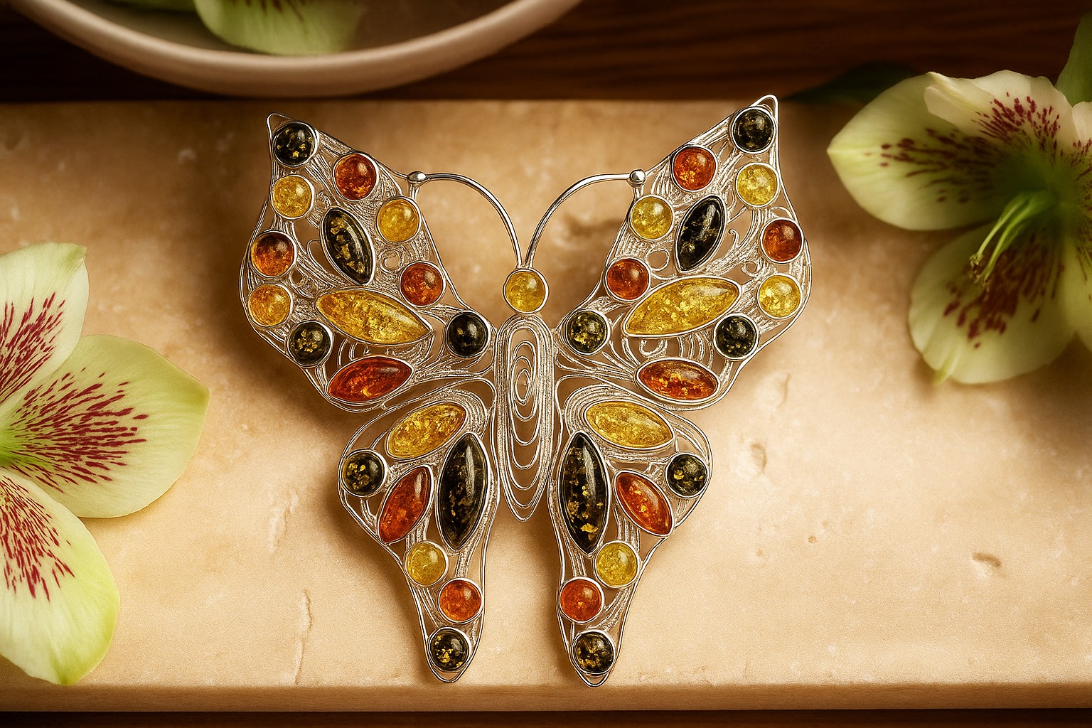Jantárová brošňa Veľkolepý motýľ viacfarebná