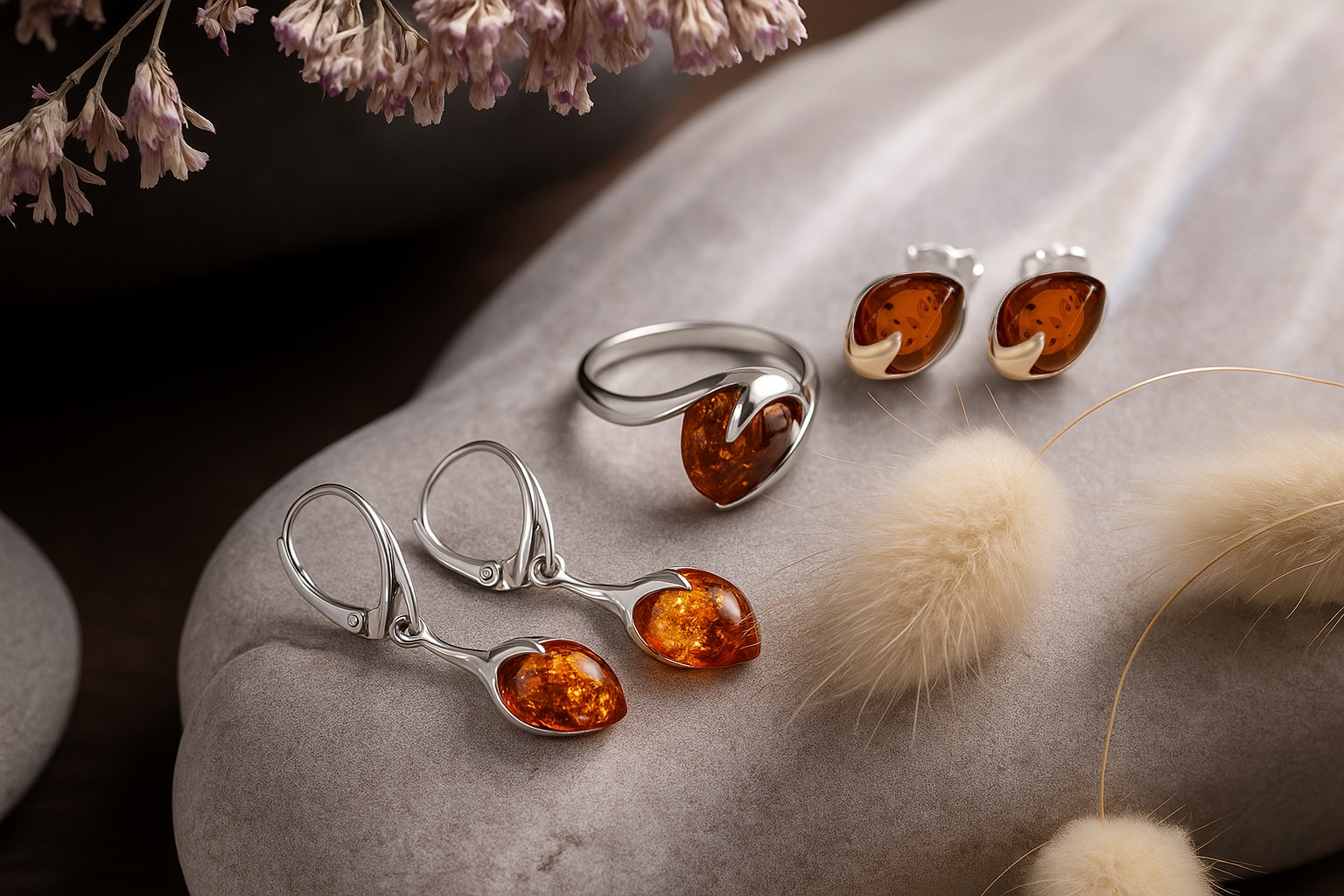 Strieborné šperky s baltickým jantárom Lieskový oriešok koňakové