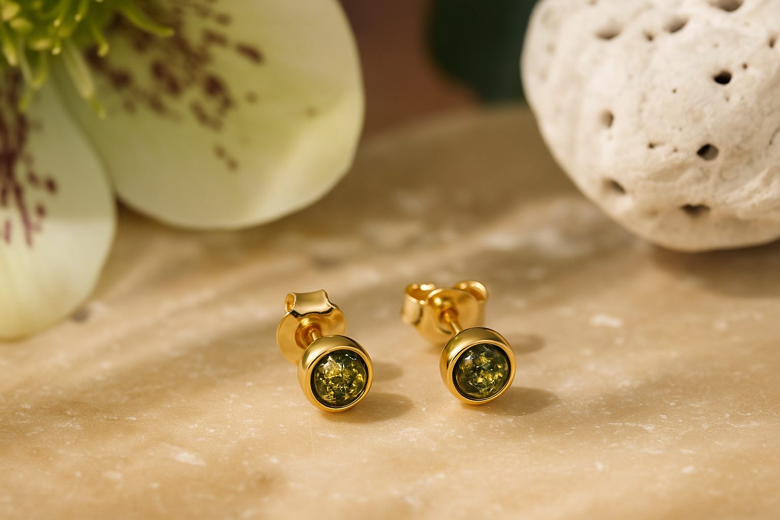 Jantárové náušnice pozlátené Viera zelené