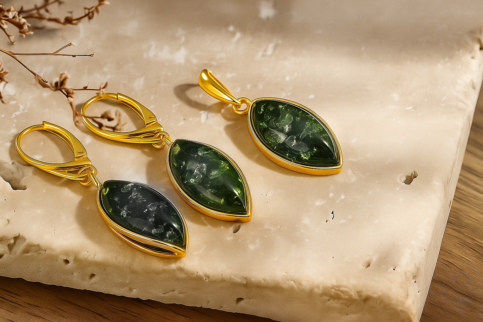 Pozlátené náušnice a prívesok s jantárom z kolekcie Majestátny moment v zelenej farbe