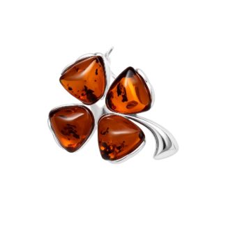 Jantárová brošňa Štvorlístok koňaková