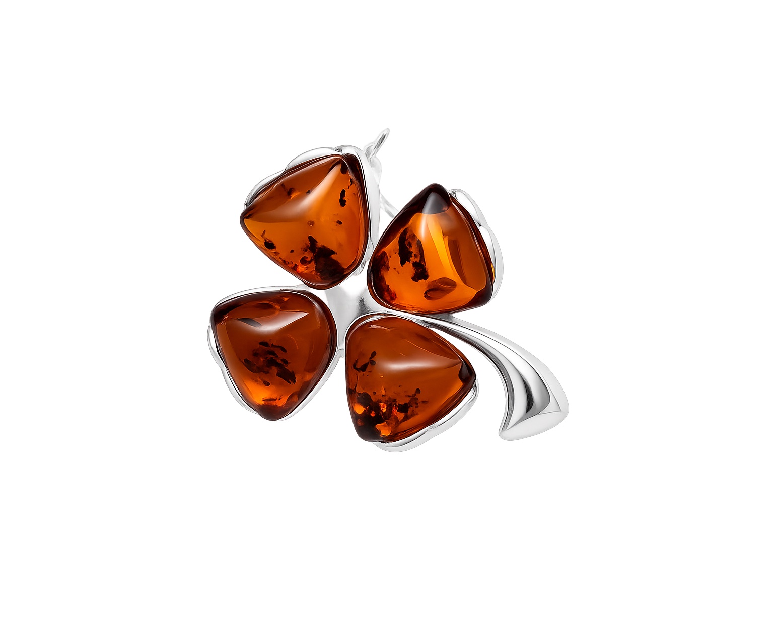 Jantárová brošňa Štvorlístok koňaková