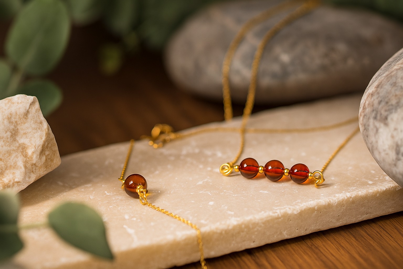 Pozlátený náhrdelník a pozlátený náramok s korálkami z baltického jantárá
