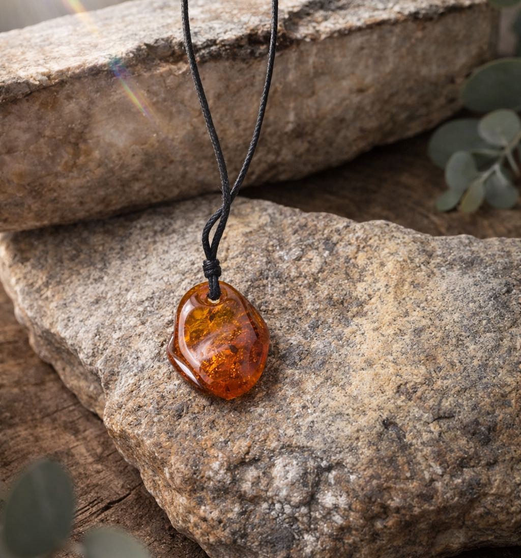 Jantárový amulet na šnúrke koňakový