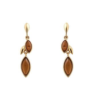 Jantárové náušnice pozlátené Drobné lístočky napichovacie visiace koňakové