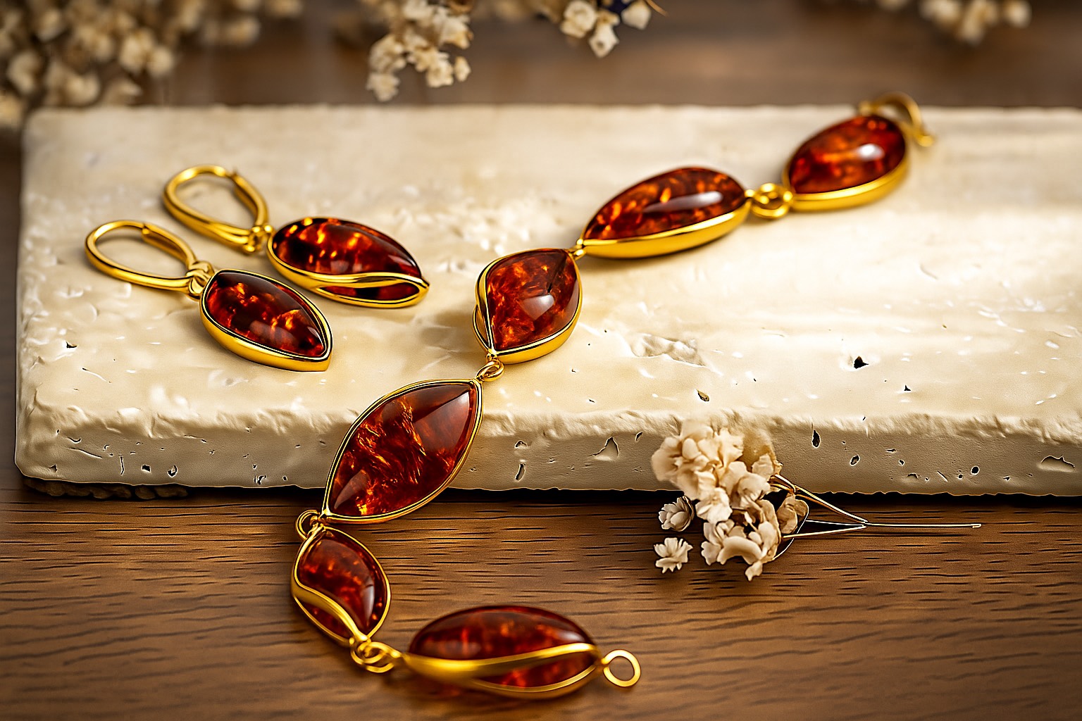 Pozlátené šperky s baltickým jantárom z kolekcie Majestátny moment