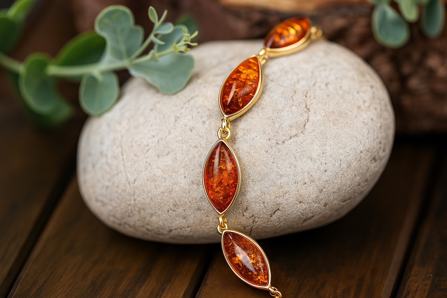 Jantárový náramok pozlátený Majestátny moment koňakový