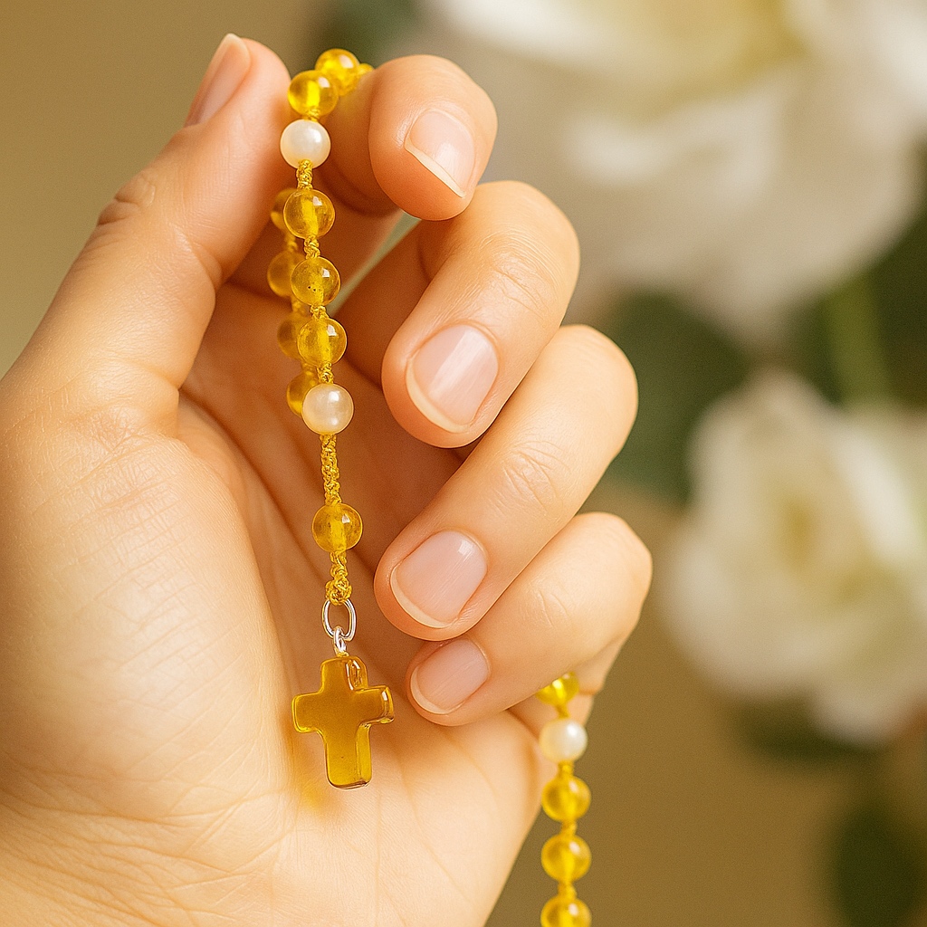 Ruženec na krk so žltým barokovým jantárom a ruženínom
