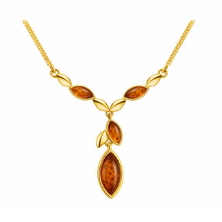 Jantárový náhrdelník pozlátený Drobné lístočky koňakový