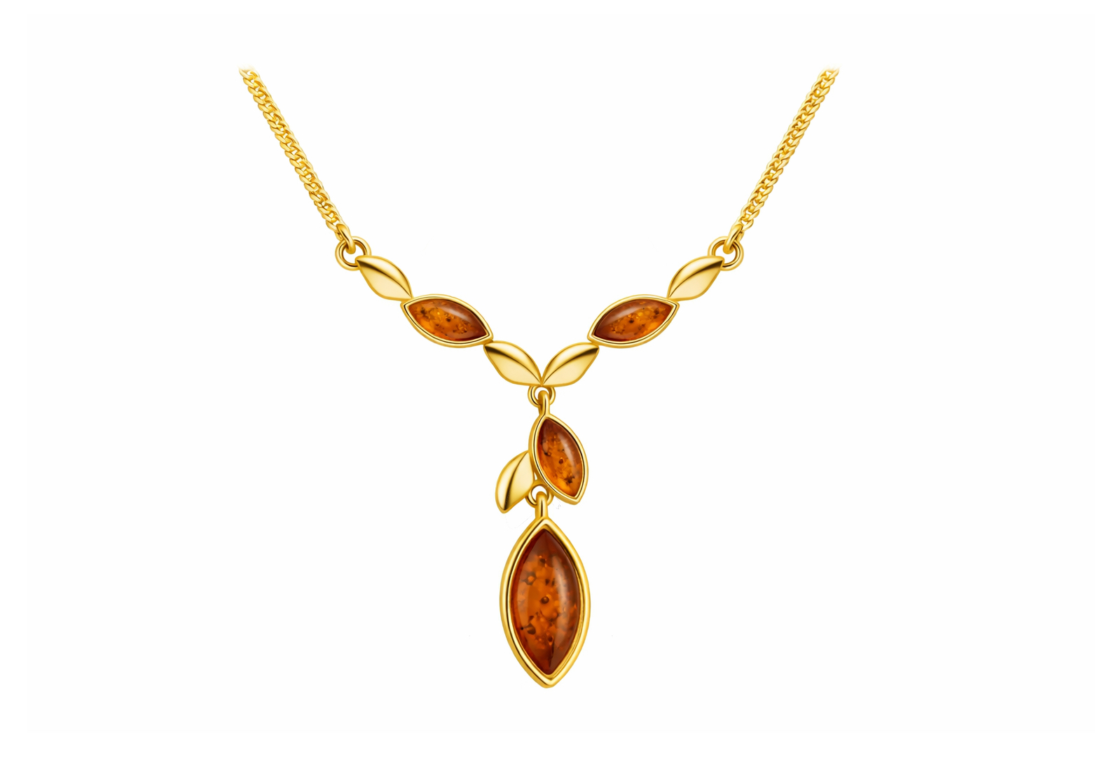 Jantárový náhrdelník pozlátený Drobné lístočky koňakový