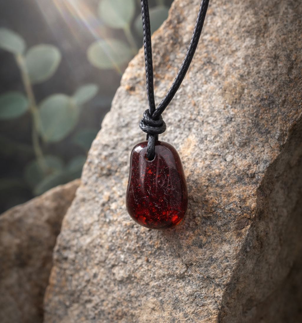 Jantárový amulet na šnúrke višňový