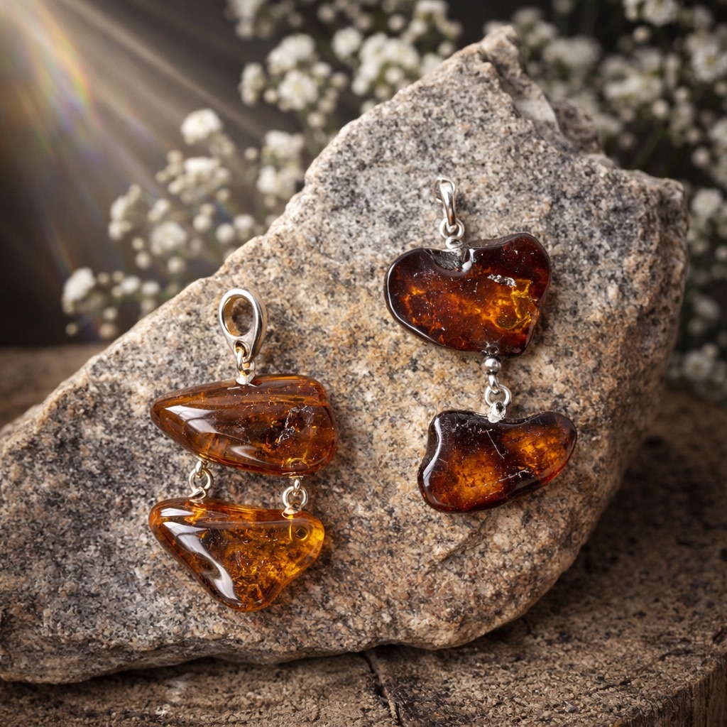 Jantárový prívesok Dvojdielna sonáta koňakový